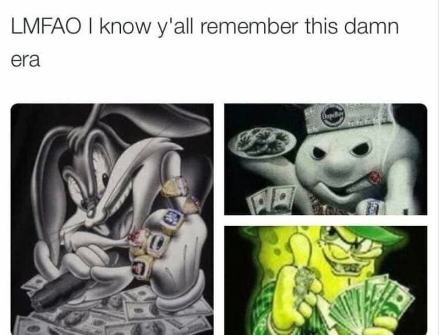 A collage of three stylized images: Bugs Bunny, Casper, and Spongebob, all with money and jewelry, a distinct '90s babies era memory.