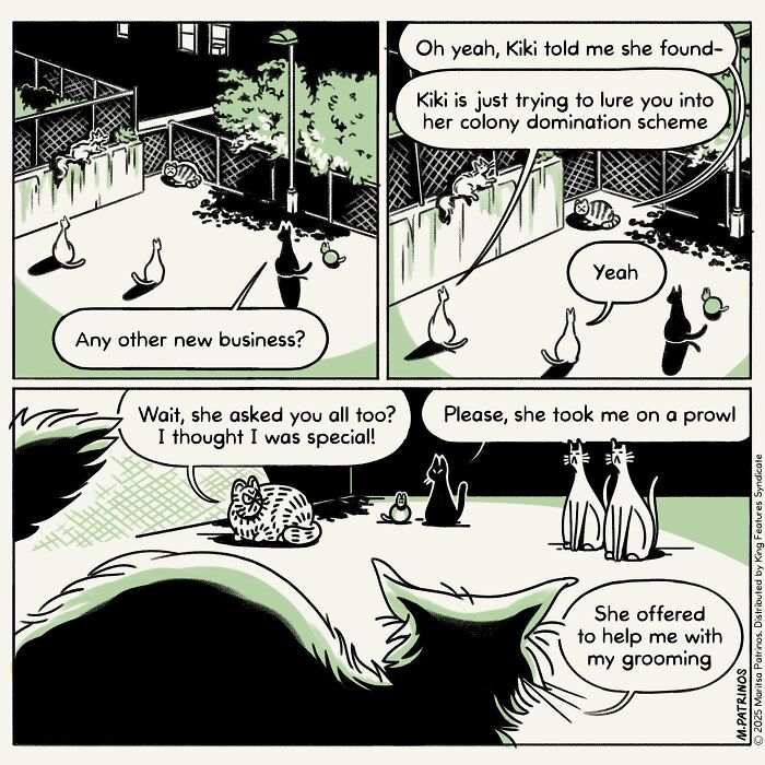 Cartoon of cats with jobs: Several cats socialize outdoors, discussing a colony domination scheme and grooming.