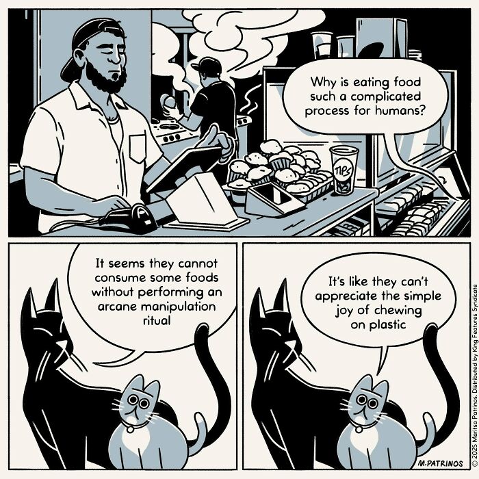 Cartoon of cats with jobs: Cats discuss humans' complicated eating rituals while a man prepares food at a counter.