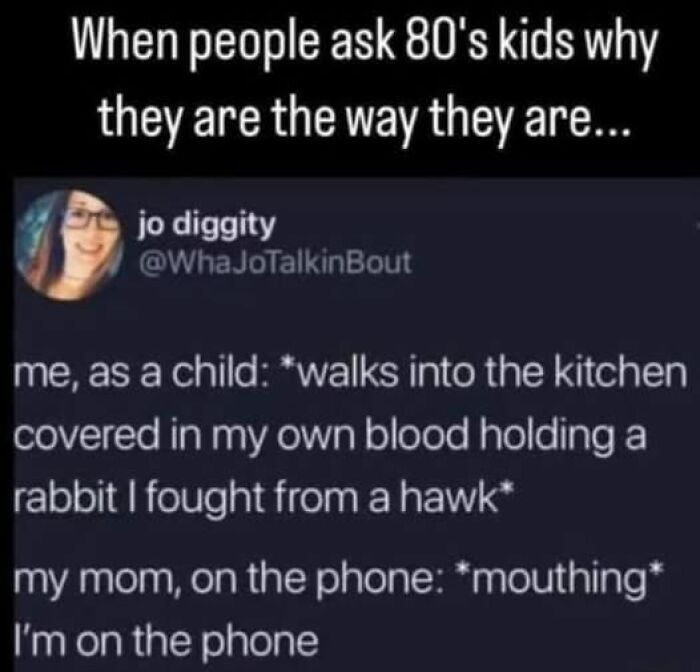 A Gen X meme about 80s kids features text about a child fighting a hawk, covered in blood.