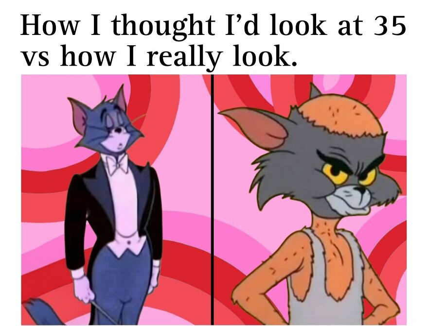 A meme contrasting two images of Tom from Tom and Jerry, representing expectations vs. reality for '90s babies.