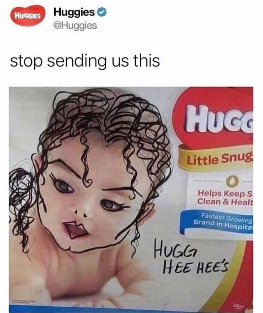 A meme with a Huggies diaper package featuring a baby drawing with angry, adult-like features, memorable for '90s babies.