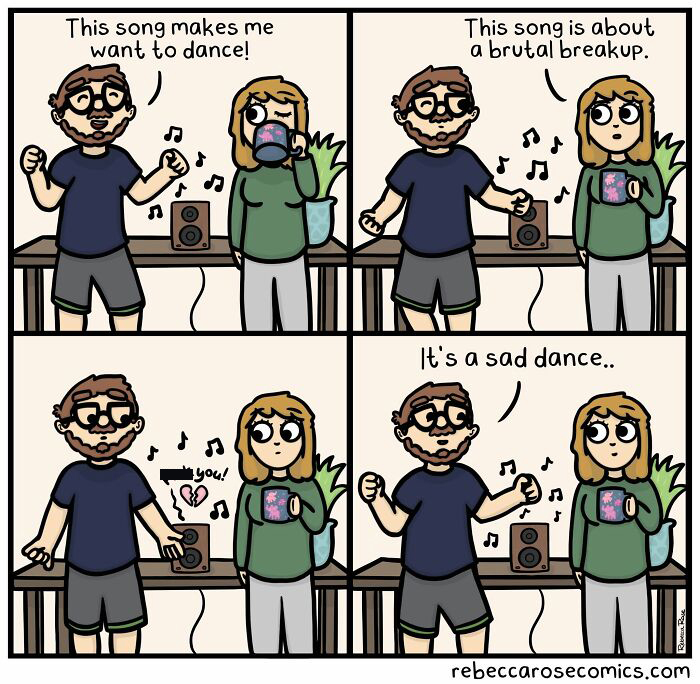 Rebecca Rose comics illustrating a couple experiencing awkward and laugh-out-loud moments while dancing to music.