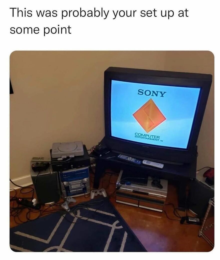 A retro gaming setup featuring a Sony TV and PlayStation, a classic scene for '90s babies.