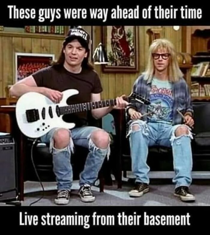 Funny Gen X memes showing two men live streaming from their basement with a guitar and drums.