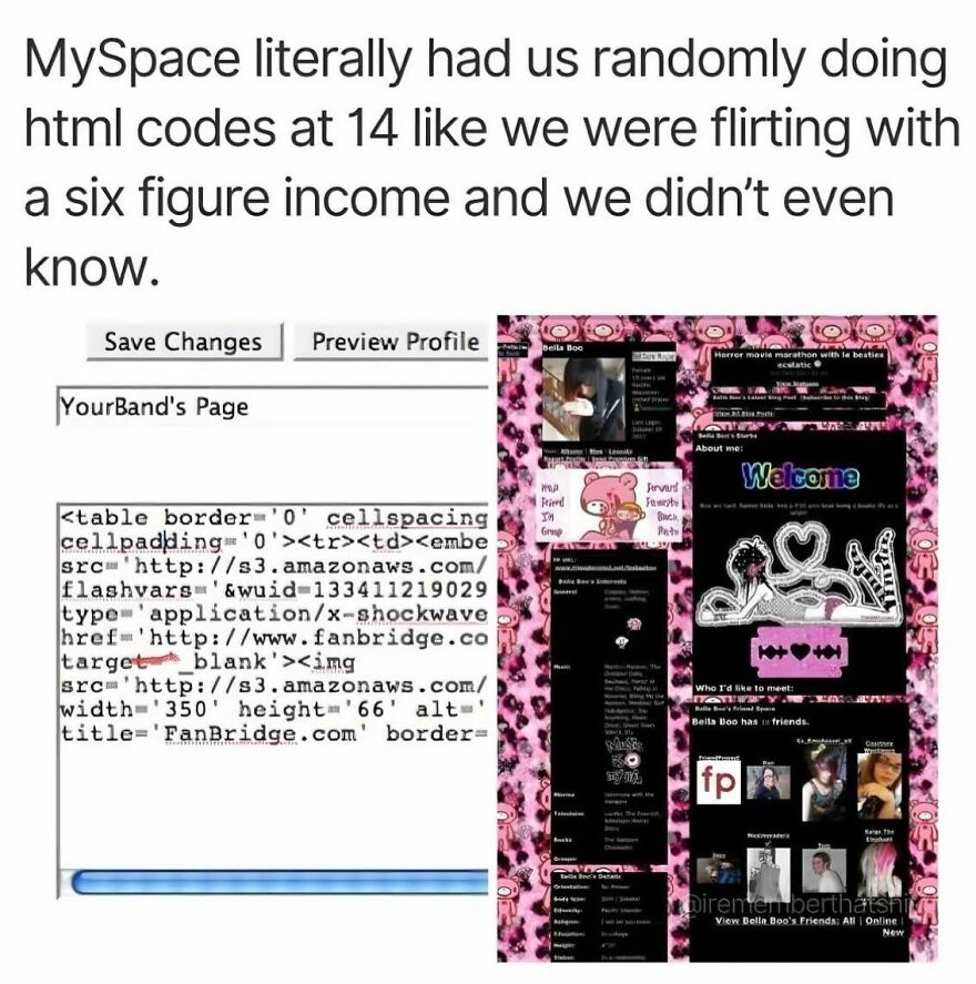 A screenshot of a MySpace profile with HTML code on the left, reminding '90s babies of early web customization.