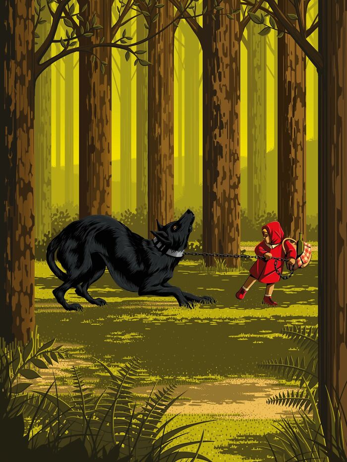 Thought-provoking illustration: Little Red Riding Hood struggles to control a large, leashed black wolf in a forest.