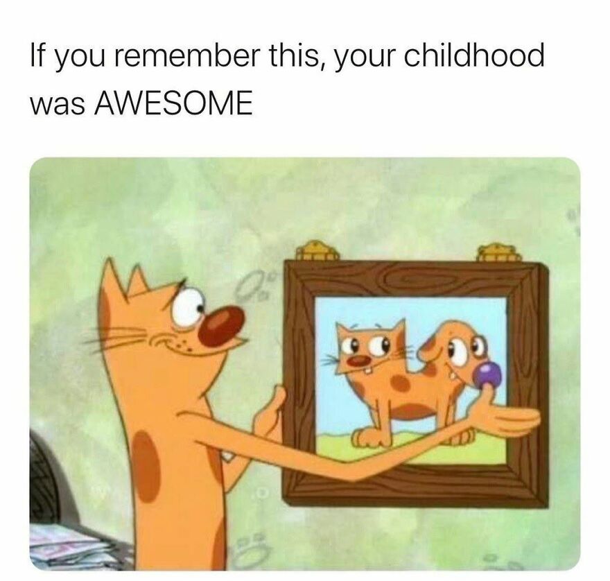 CatDog cartoon character pointing at a framed picture of CatDog, a nostalgic image for 90s babies.