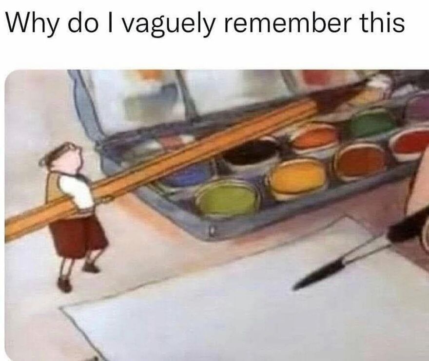 A tiny cartoon figure carrying a large paint brush towards a watercolor set, a nostalgic image for '90s babies.
