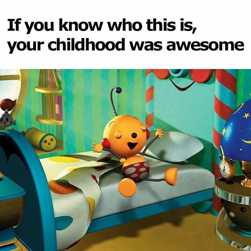 Polie Olie, a robot character from Rolie Polie Olie, happily bouncing on a bed, something 90s babies would remember.