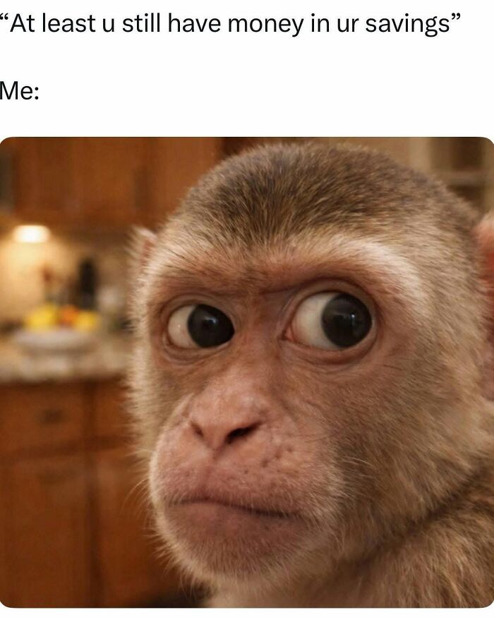 Funny post featuring a monkey with wide, surprised eyes, representing a woman's reaction to having no savings.