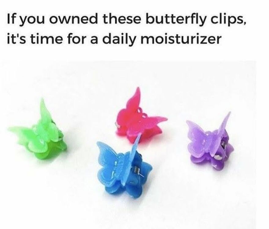 Four brightly colored butterfly clips, a popular hair accessory 90s babies might remember using.