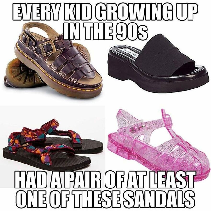 Four types of sandals every 90s babies might remember: Dr. Martens, Steve Madden, Tevas, and Jelly sandals.