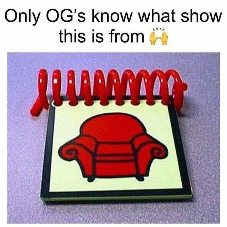 A red-spiraled notebook with a drawing of a red couch, a recognizable item for '90s babies.