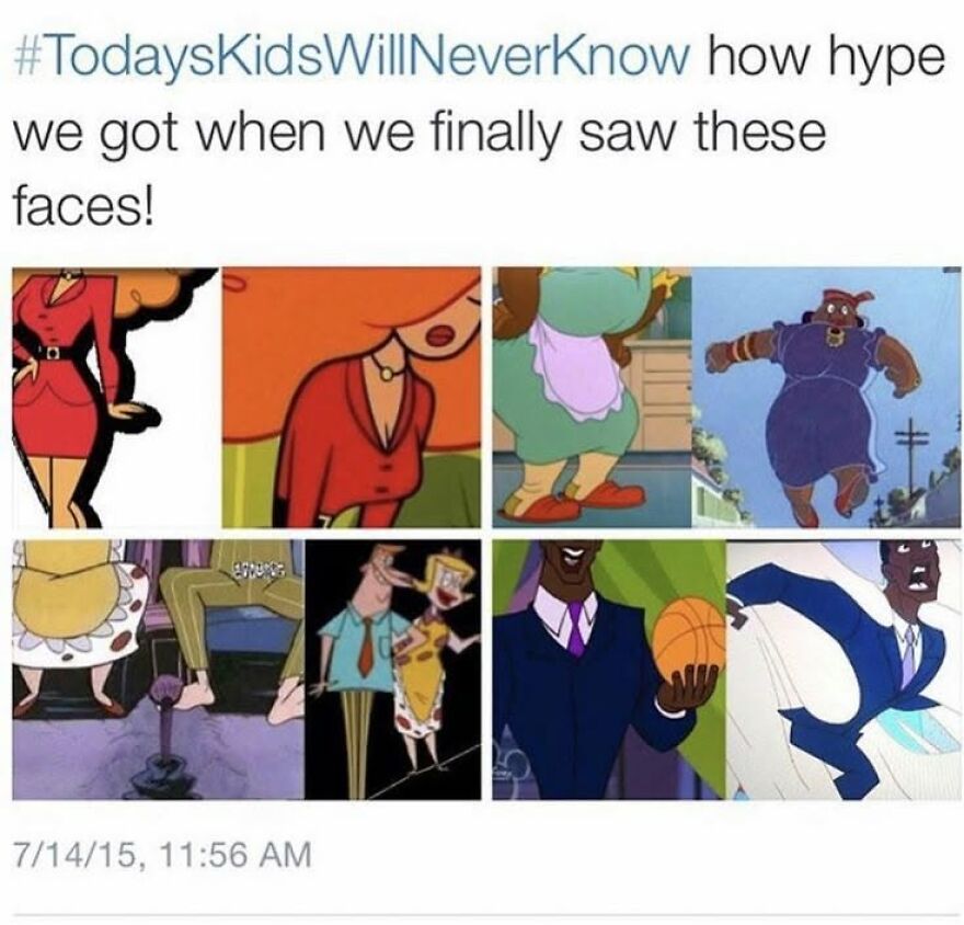 A meme showing various cartoon character bodies without faces, a relatable 90s babies memory for those who grew up in the 90s.