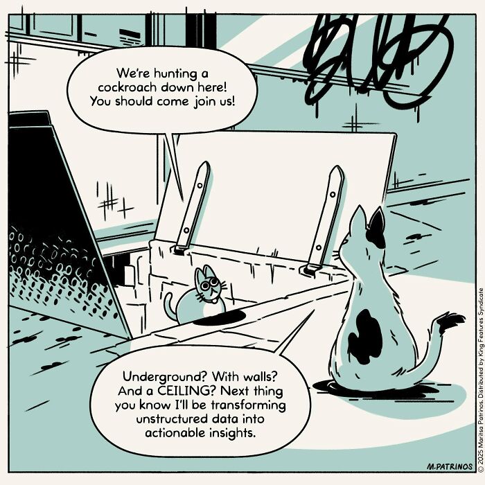 Cartoon of cats with jobs: A cat looks down a sewer, declining to hunt a cockroach, preferring data transformation.