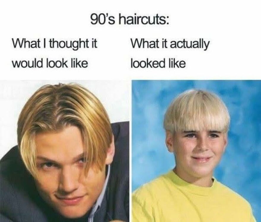 A split image showing ideal vs. actual '90s haircuts, a funny memory for '90s babies.