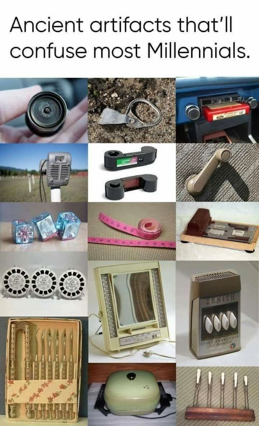 A collage of vintage objects that '90s babies will remember, including an old camera flash, cassette tape, and hair dryer.
