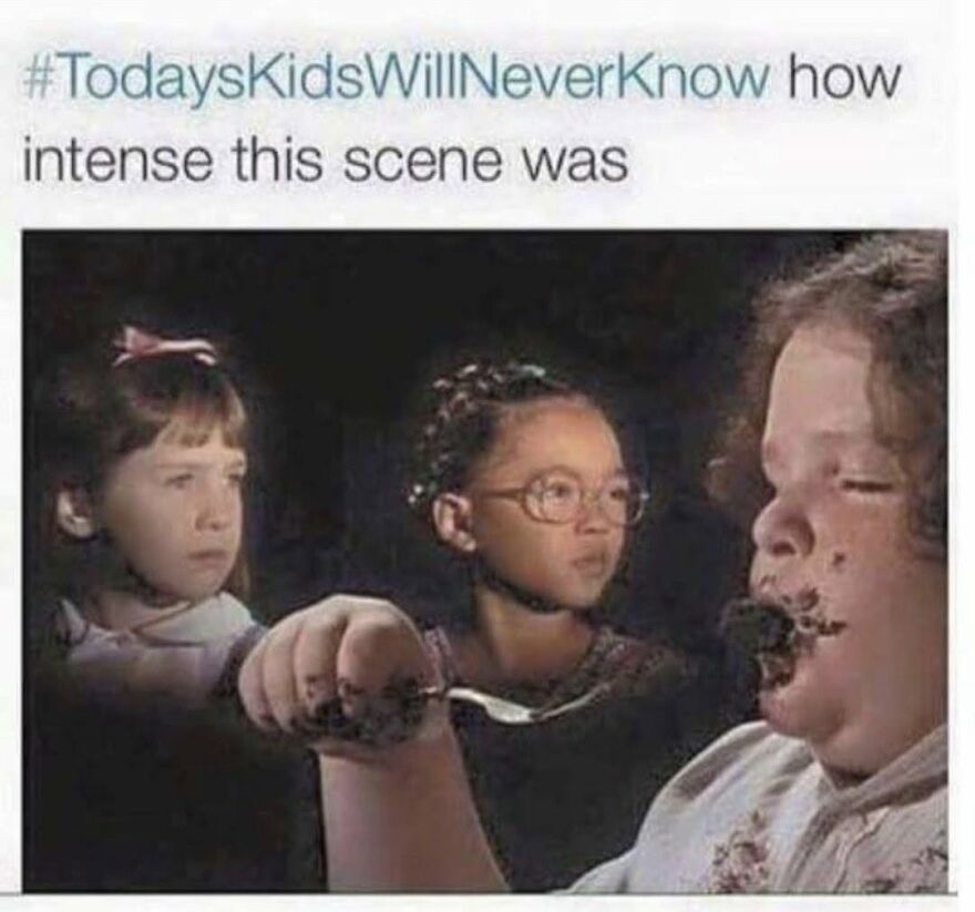 A scene of a child eating cake, a memorable movie moment for '90s babies.