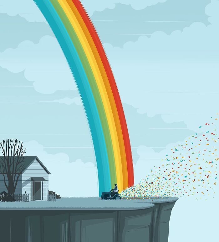 A Stephan Schmitz illustration depicting a man mowing a rainbow into colorful confetti over a cliff, a thought-provoking scene.