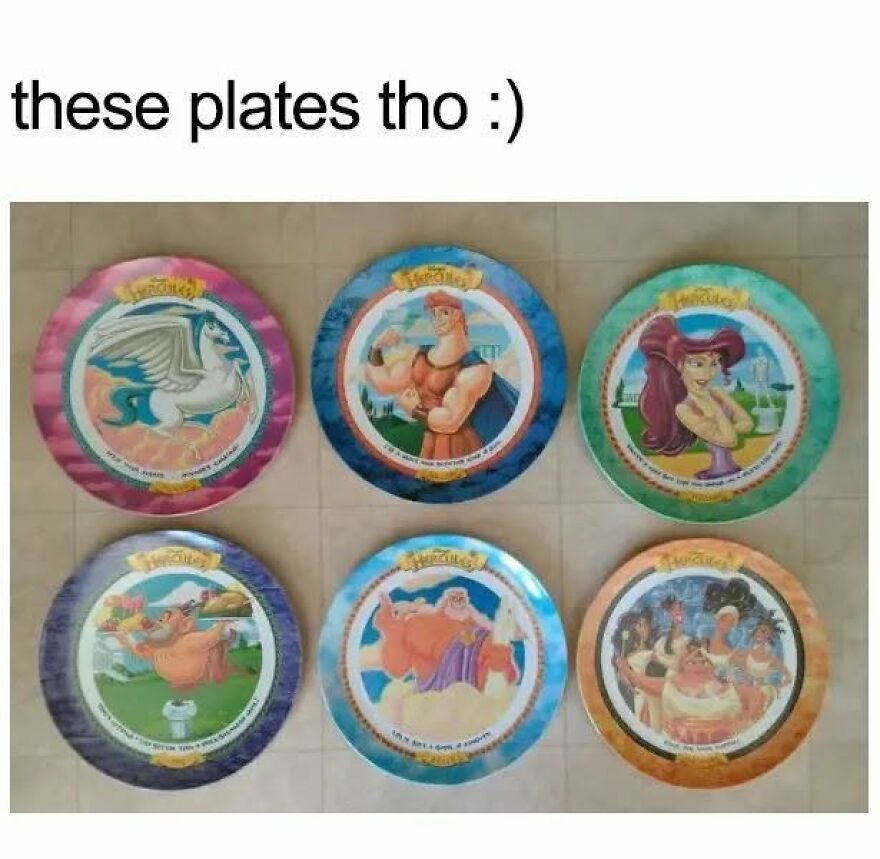 Six Hercules themed plates that 90s babies might remember too well, featuring various characters from the movie.