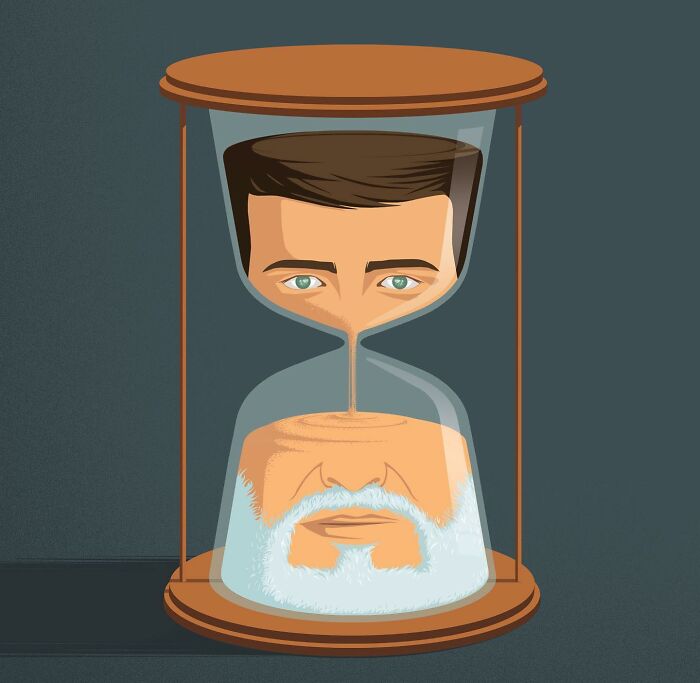 Stephan Schmitz illustration of an hourglass with a young face at the top and an old face at the bottom, symbolizing time.