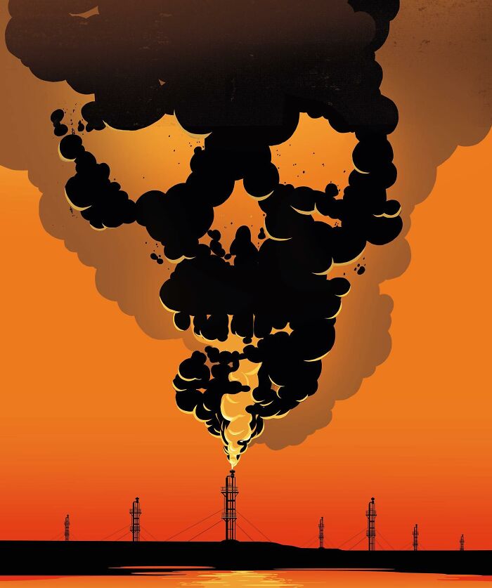 An honest illustration by Stephan Schmitz showing an oil rig emitting smoke that forms a skull, highlighting impacts on our lives.