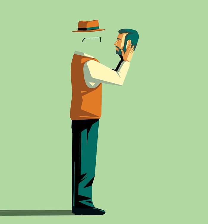 Stephan Schmitz illustration of a person holding their own detached face, reflecting identity and masks.