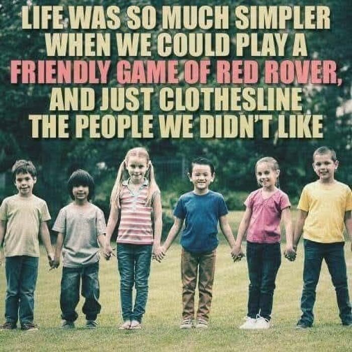 Six children hold hands in a field, illustrating a Gen X meme about simpler times and playing Red Rover.