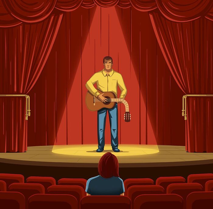 Thought-provoking illustrations by Stephan Schmitz: A musician with a half-broken guitar on stage, facing a single audience member.
