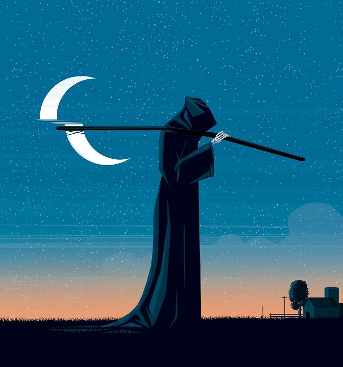 Thought-provoking illustration by Stephan Schmitz of the Grim Reaper carrying a crescent moon on a staff at night.