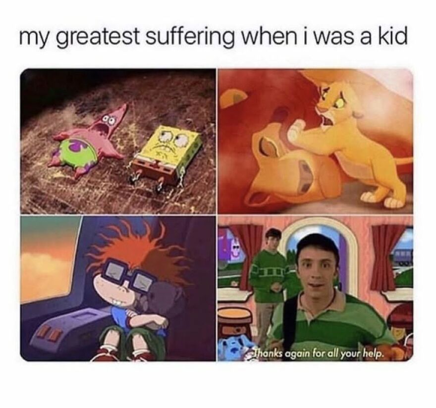 A collage of four sad 90s cartoons: SpongeBob, The Lion King, Rugrats, and Blues Clues, showing 90s babies suffering.