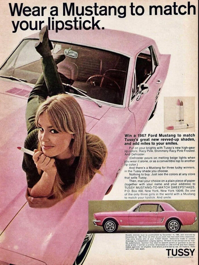 Vintage advertisement featuring a pink Ford Mustang and a woman, highlighting products and items that swapped audiences.