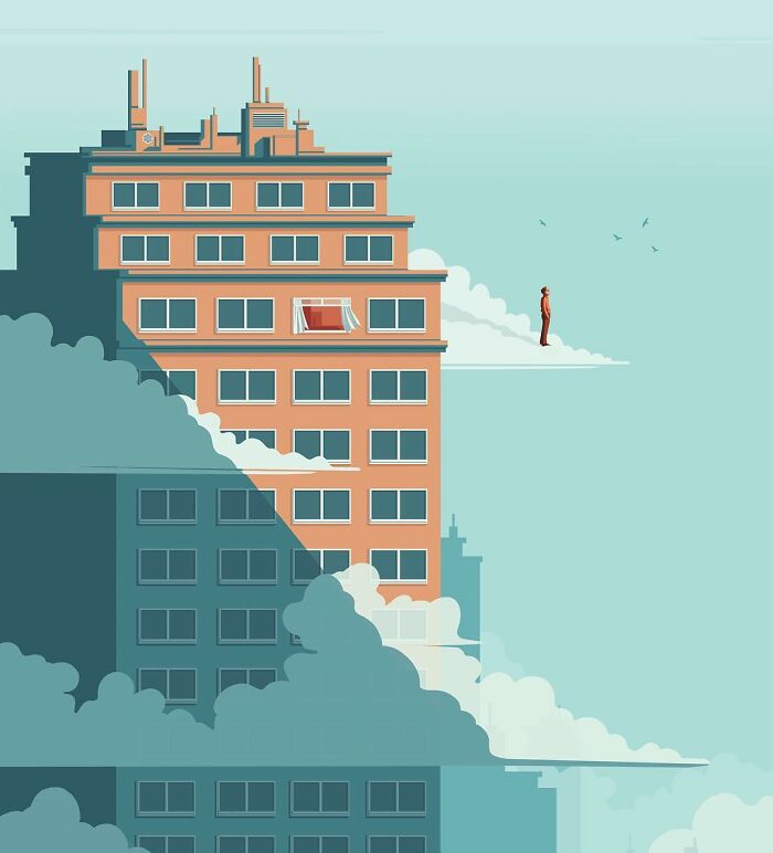 Thought-provoking illustration by Stephan Schmitz showing a man on a cloud next to a building, high above the city.