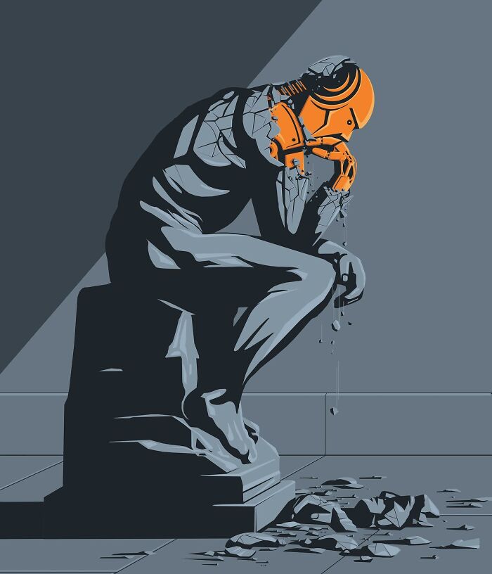 A thought-provoking illustration by Stephan Schmitz depicting Rodin's The Thinker as a decaying robot.