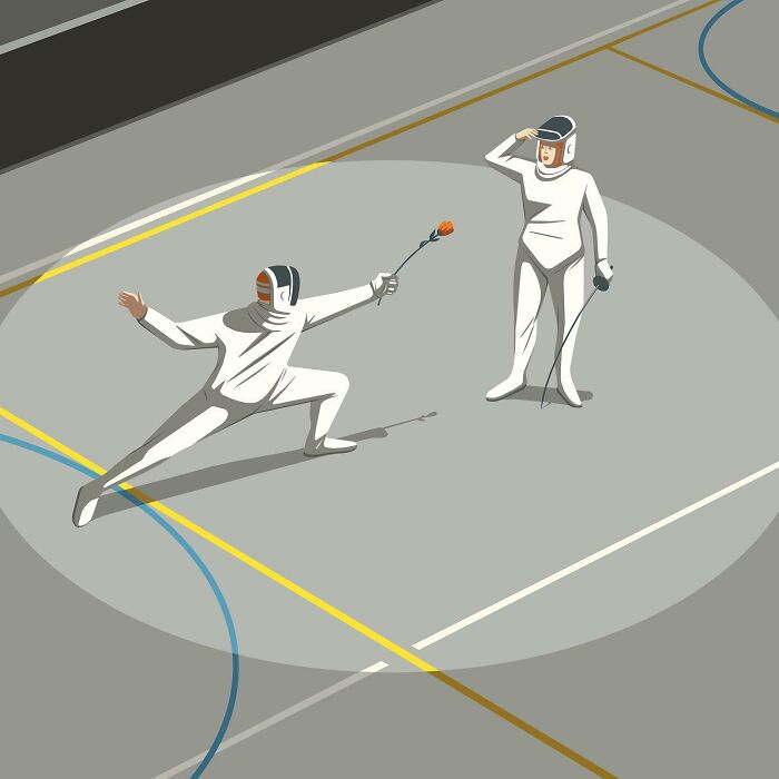 Thought-provoking illustration by Stephan Schmitz featuring two fencers, one offering a rose instead of a sword.