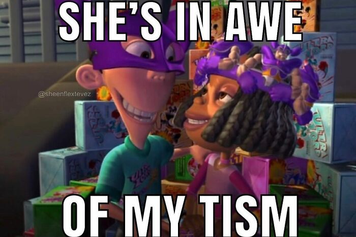 A weird meme featuring two animated characters, one with a big grin and the other looking up in awe, with text.