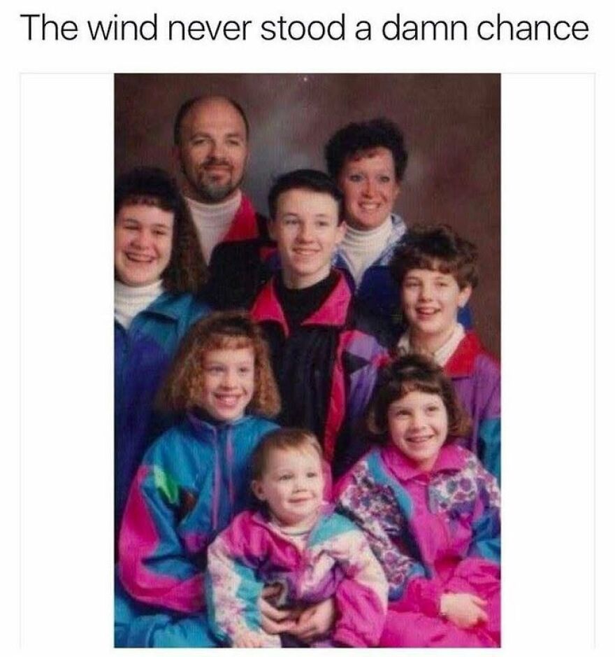 A family portrait featuring a large family wearing colorful 90s fashion, memorable for '90s babies.