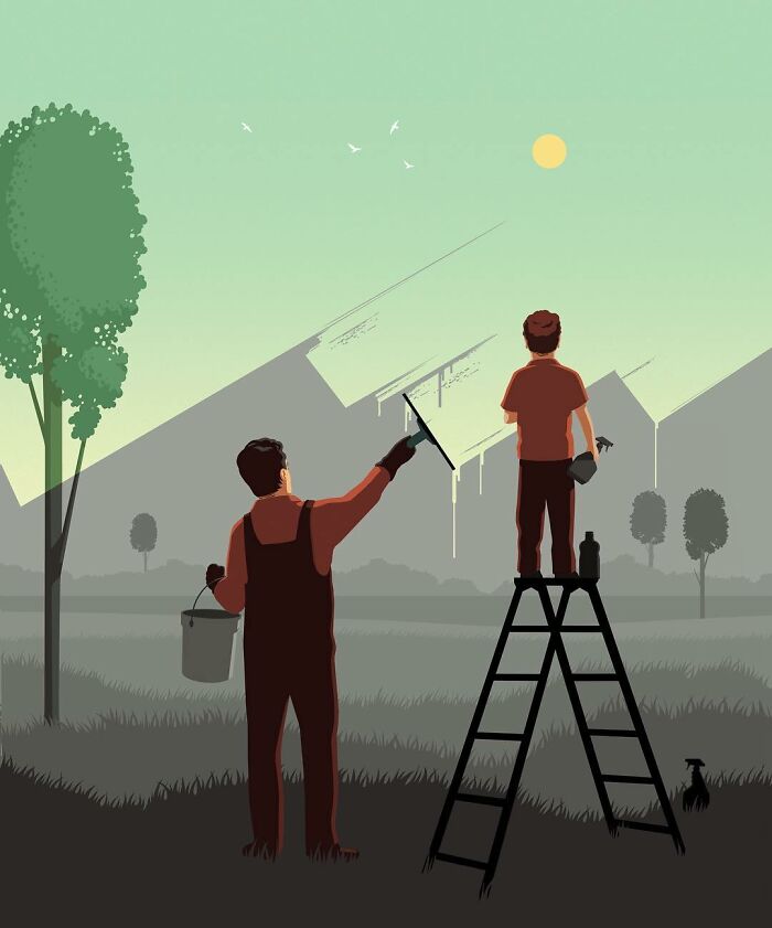 Thought-provoking illustration by Stephan Schmitz of two men cleaning a mountain mural on a wall.