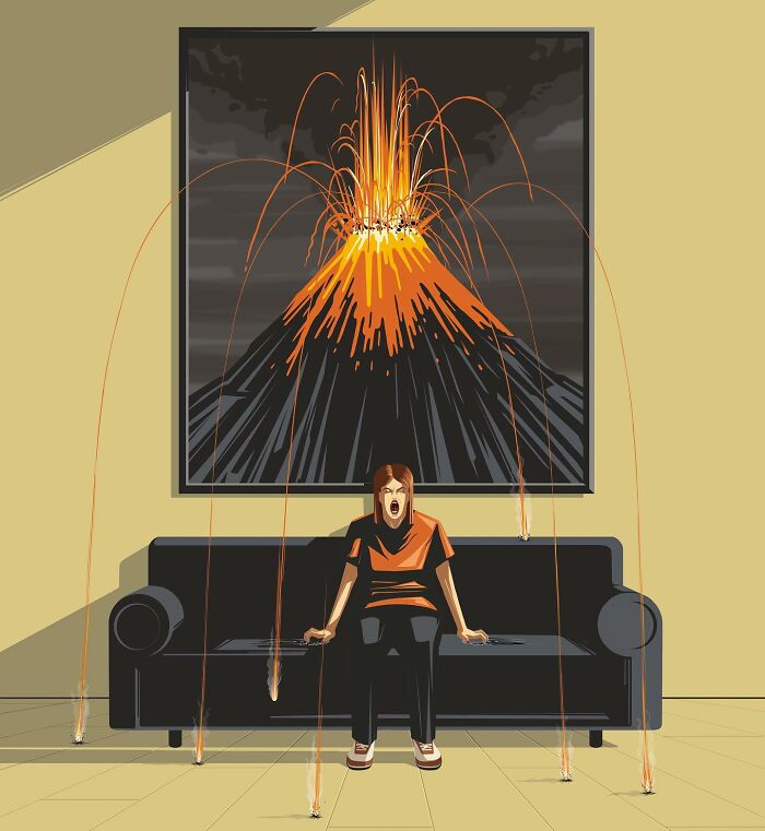An illustration by Stephan Schmitz showing a woman on a couch as fireworks erupt from a volcano painting, symbolizing life's chaos.