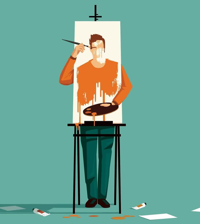 Honest illustration by Stephan Schmitz depicting an artist painting himself onto a canvas.