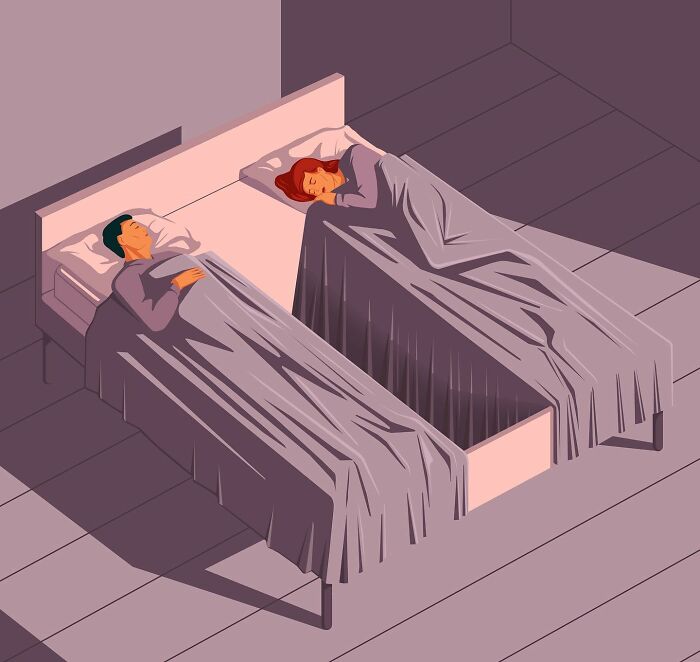 A thought-provoking illustration by Stephan Schmitz of a couple sleeping in separate beds with a chasm between.