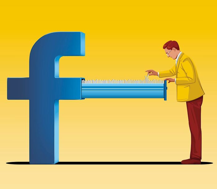 Illustration by Stephan Schmitz of a man pulling a drawer full of files out of the Facebook 'f' logo, depicting the amount of data the social media company collects.