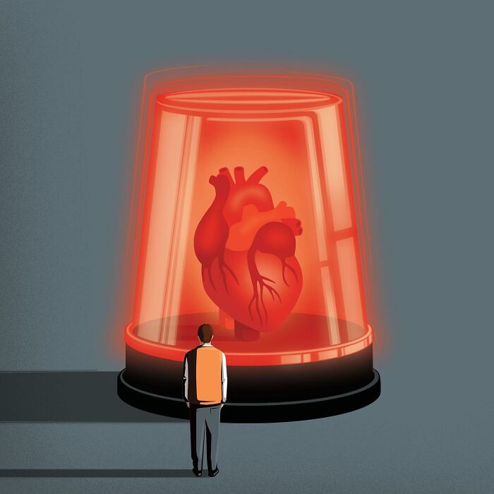 Thought-provoking illustration by Stephan Schmitz showing a man looking at a heart under a red alarm light.