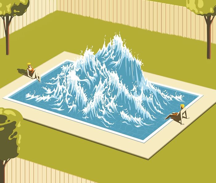 Honest illustration by Stephan Schmitz showing a swimming pool with a mountain of splashing water, two people relaxing.