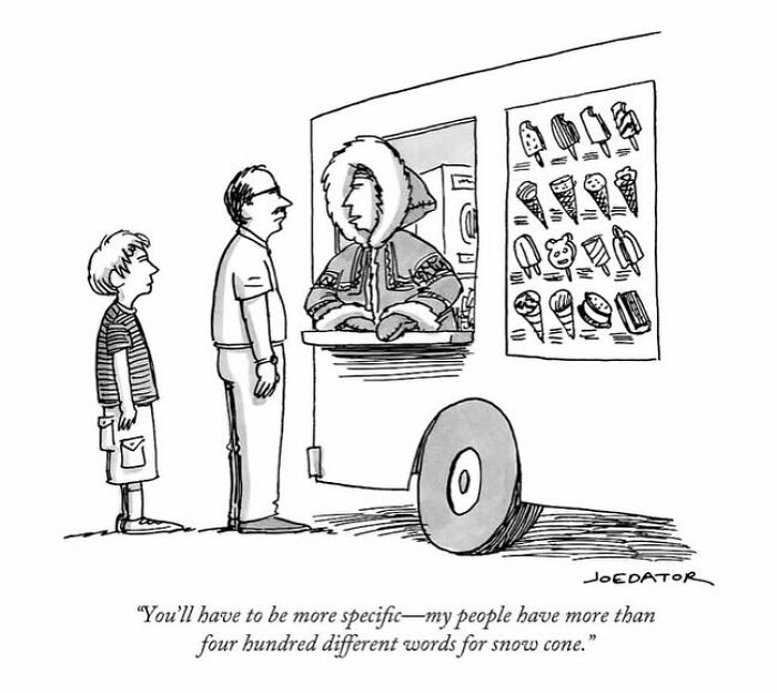 A cartoonist's brilliant single panel with an ice cream vendor in an arctic outfit, capturing everyday absurdity.