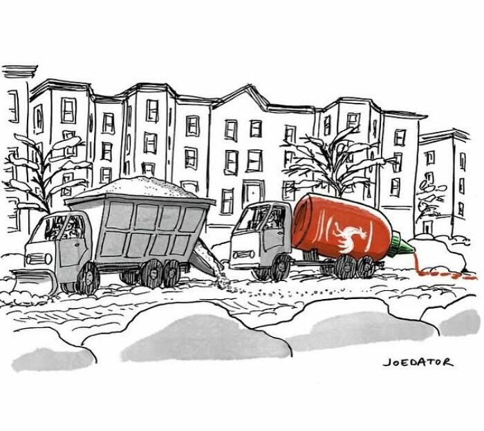 A brilliant single panel cartoonist shows a snowplow spreading hot sauce instead of salt on a snowy street.