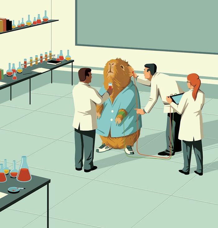 Thought-provoking illustration by Stephan Schmitz of scientists experimenting on a large guinea pig in a lab.