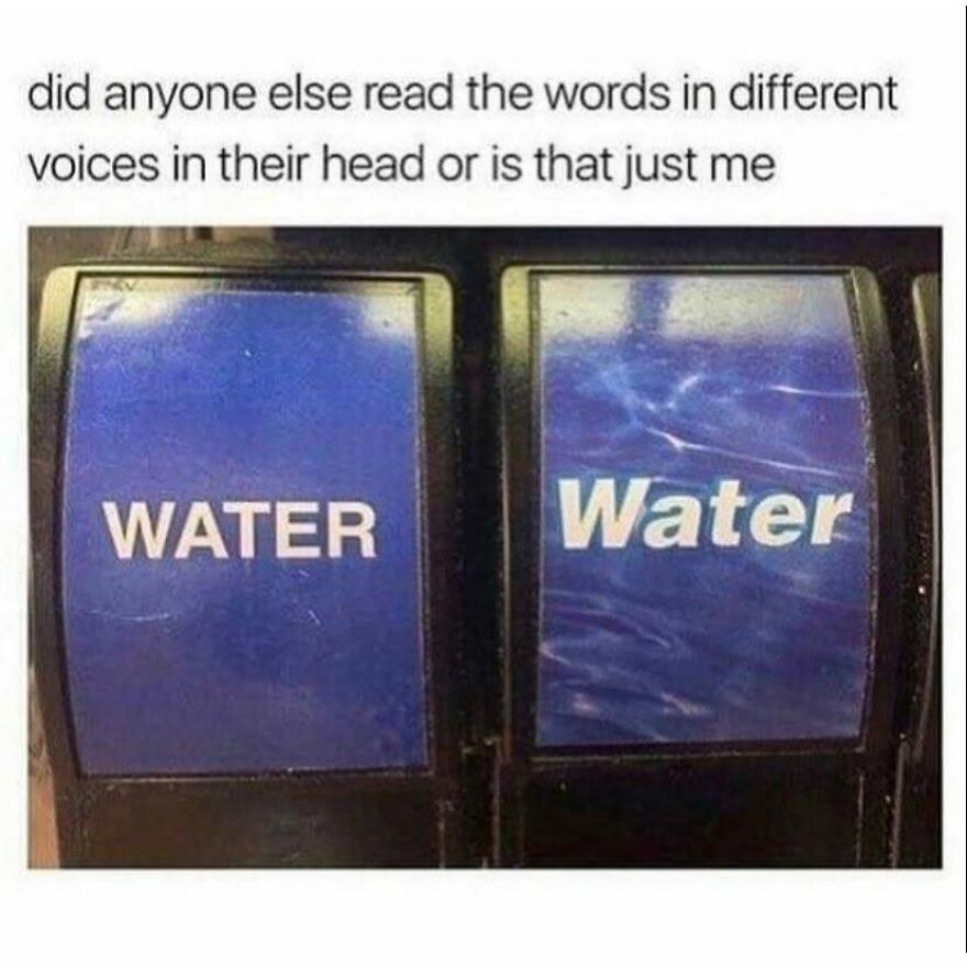 Two dispenser labels, one reading WATER in all caps and one reading Water, a common experience for '90s babies.
