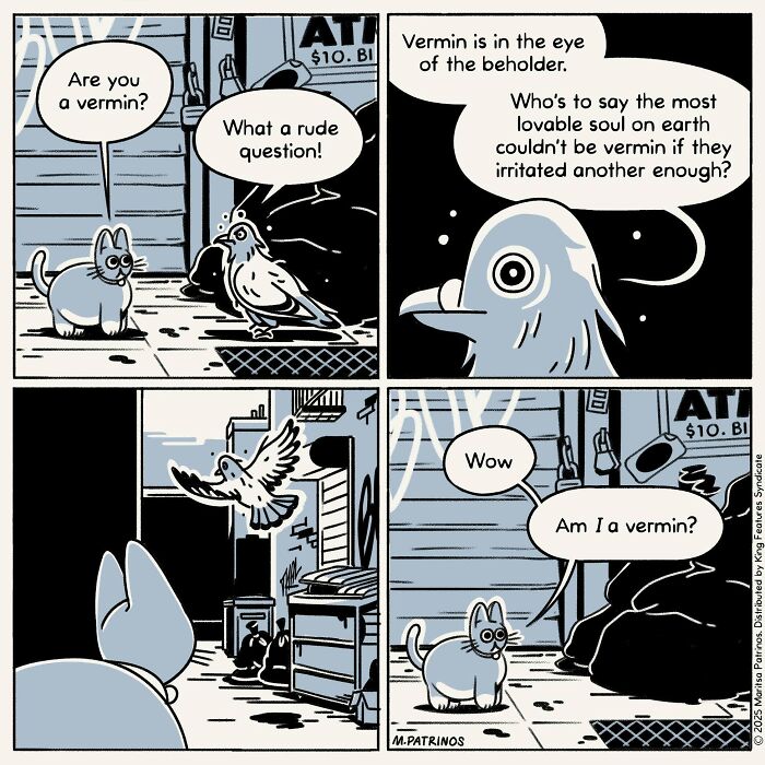 Cartoon of cats with jobs: A cat asks a pigeon, Are you a vermin? in a thought-provoking exchange.